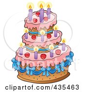 Poster, Art Print Of Pink Birthday Cake With Blue Ribbons Strawberries And Candles