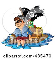 Pirate Floating On A Raft With A Treasure Chest Parrot And Flag