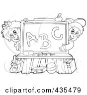 Royalty Free RF Clipart Illustration Of A Coloring Page Outline Of A School Boy And Girl With An Alphabet Chalkboard