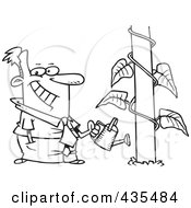 Royalty Free RF Clipart Illustration Of A Line Art Design Of A Happy Businessman Watering A Plant Showing Extreme Growth by toonaday