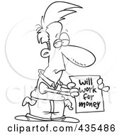 Royalty Free RF Clipart Illustration Of A Line Art Design Of A Broke Man Holding A Will Work For Money Sign by toonaday