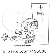 Royalty Free RF Clipart Illustration Of A Line Art Design Of A Little Boy Rushing To The Bathroom by toonaday
