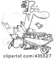 Poster, Art Print Of Line Art Design Of A Businessman Pushing A Wheelbarrow Full Of Cash