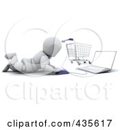 3d White Character Shopping Online With A Cart In The Background