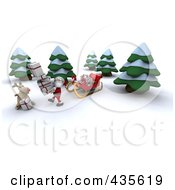 Poster, Art Print Of 3d Santa And Rudolph Carrying Gifts From A Sleigh By Trees