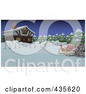 Royalty Free RF Clipart Illustration Of 3d Merry Christmas Text With Santas Sleigh And Gifts By A Cabin In The Snow