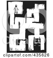 Poster, Art Print Of Black And White Woodcut Style Maze Of A Person And A Monster