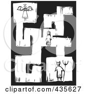 Poster, Art Print Of Black And White Woodcut Style Maze Of A Girl With An Angel And Devil
