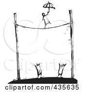 Royalty Free RF Clipart Illustration Of A Black And White Woodcut Style Person Walking A Tightrope With An Umbrella by xunantunich #COLLC435635-0119