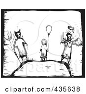 Black And White Woodcut Style Girl With A Balloon Devil And Angel