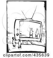 Black And White Woodcut Style People Watching Tv