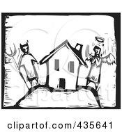 Black And White Woodcut Style Angel And Devil By A House