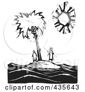 Poster, Art Print Of Black And White Woodcut Style Couple Stranded On An Island