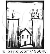 Black And White Woodcut Style Family Divided With Their House Below