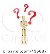Royalty Free RF Clipart Illustration Of A 3d Confused Wooden Mannequin With Red Question Marks by stockillustrations