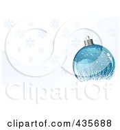 Poster, Art Print Of Blue Shiny Christmas Ball Over Icy Grass Over A Snowflake Background