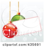 Poster, Art Print Of Polka Dot And Green Christmas Baubles With A Blank Label Over Snowflakes On Gray