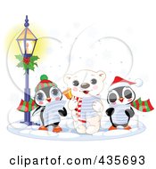 Royalty Free RF Clipart Illustration Of A Polar Bear Singing Christmas Carols In The Snow With Two Penguins by Pushkin