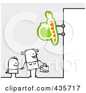 Royalty Free RF Clipart Illustration Of A Stick Woman And Son Standing Under A Produce Sign by NL shop