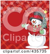 Poster, Art Print Of Red Christmas Background Of A Snowman Presenting A Blank Oval Frame On Plaid With Snowflakes