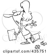 Royalty Free RF Clipart Illustration Of A Line Art Design Of A Clumsy Businesswoman Walking With Her Foot In A Trash Bin