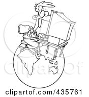 Royalty Free RF Clipart Illustration Of A Line Art Design Of A Businessman Working On A Computer Over A Globe