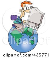 Poster, Art Print Of Caucasian Businessman Working On A Computer Over A Globe