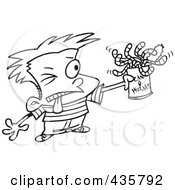Line Art Design Of A Boy Holding A Can Of Worms