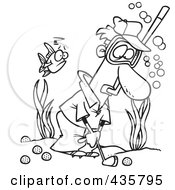 Royalty Free RF Clipart Illustration Of A Line Art Design Of A Man Wearing A Snorkel Mask And Golfing Underwater