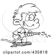 Royalty Free RF Clipart Illustration Of A Line Art Design Of A Boy Using A Garden Hose To Water