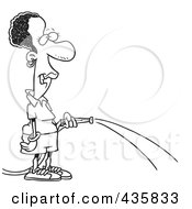 Royalty Free RF Clipart Illustration Of A Line Art Design Of A Black Woman Watering With A Garden Hose