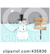 Poster, Art Print Of Winter Snowman Wearing A Top Hat And Gesturing To Wooden Signs Near A Village