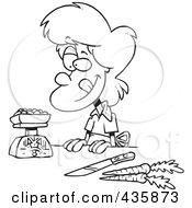 Royalty Free RF Clipart Illustration Of A Line Art Design Of A Hungry Woman Weighing Her Food by toonaday