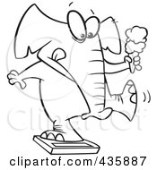 Royalty Free RF Clipart Illustration Of A Line Art Design Of A Chubby Elephant Holding An Ice Cream Cone And Standing On A Scale by toonaday