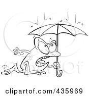 Royalty Free RF Clipart Illustration Of A Line Art Design Of A Frog Dashing Through The Rain With An Umbrella