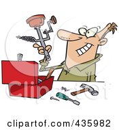 Royalty Free RF Clipart Illustration Of A Cartoon Man Holding Up A Unique Whatzit Tool