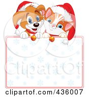 Royalty Free RF Clipart Illustration Of A Cute Christmas Puppy And Kitten With Santa Hats Over A Blank Snowflake Sign