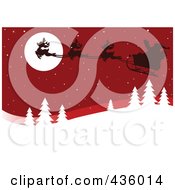 Poster, Art Print Of Santas Sleigh And Magic Reindeer Silhouetted Against A Red Sky Over A Winter Landscape