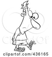 Royalty Free RF Clipart Illustration Of A Line Art Design Of A Sad Man Walking In Worn Shoes by toonaday