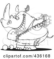 Royalty Free RF Clipart Illustration Of A Line Art Design Of A Workout Rhino Using A Stretching Device
