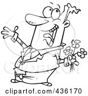 Royalty Free RF Clipart Illustration Of A Line Art Design Of A Happy Man Holding Flowers