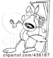 Royalty Free RF Clipart Illustration Of A Line Art Design Of A Wolf Knocking On A Door by toonaday