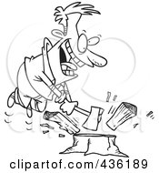 Royalty Free RF Clipart Illustration Of A Line Art Design Of A Happy Man Chopping Wood