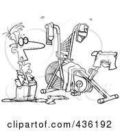 Royalty Free RF Clipart Illustration Of A Line Art Design Of A Man Staring At His Messy Workout Space by toonaday