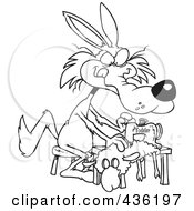 Royalty Free RF Clipart Illustration Of A Line Art Design Of A Wolf Sewing A Sheep Costume by toonaday
