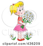 Cartoon Girl Picking Daisy Flowers