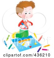 Poster, Art Print Of Happy Boy Coloring A Sail Boat