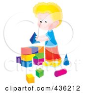 Poster, Art Print Of Blond Boy Building An Arch With Toy Blocks
