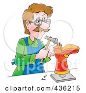 Royalty Free RF Clipart Illustration Of A Cartoon Shoe Maker Hammering A Sole Onto A Boot by Alex Bannykh