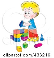 Poster, Art Print Of Cartoon Blond Boy Building An Arch With Toy Blocks